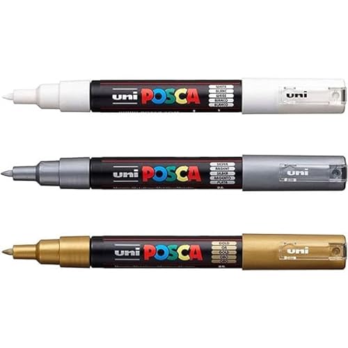 Posca PC-1M Kunst-Marker-Stifte, Stifte für Stoff, Glas, Metall, Set enthält weiß, gold und silber (je 1 Stück) von POSCA