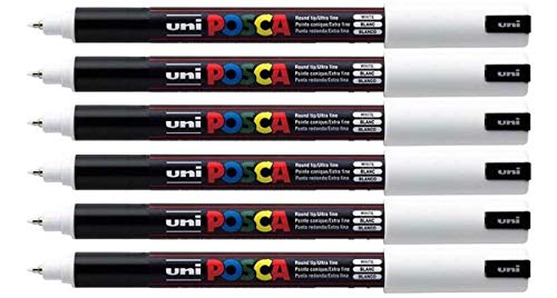 Uni Posca PC-1MR weißer Farbe Paint Marker Pens Ultra fein 0,7 mm Schreibspitze Feder Calibre schreibt auf jedem Untergrund Glas Metall (6 Stück) mit Stoff aus Holz von POSCA
