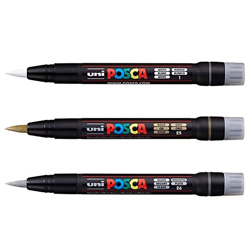 Uni Posca PCF-350 Kunst-Lackmarker mit Pinselspitze, für Stoff, Glas und Metall – gold, silber und weiß (jeweils 1 Stift pro Farbe) von POSCA