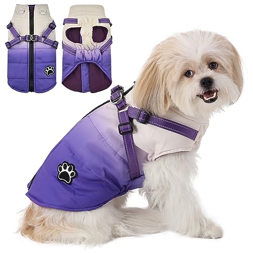 Poseca Warmer Hundemantel, Winter-Hundejacke mit Geschirr, reflektierend, wasserdicht, mit Reißverschluss, Hundejacke, Welpenmantel, kleine Hundekleidung (Größe XL, Violett) von Poseca