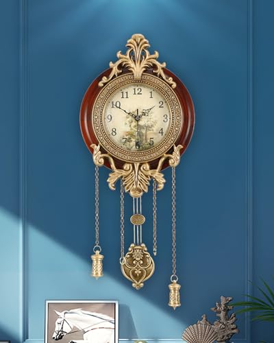 Poserion Antike Holz-Wanduhr, batteriebetriebene Uhr mit Pendel, europäischer viktorianischer Stil für Wohnzimmerdekor 205A von Poserion