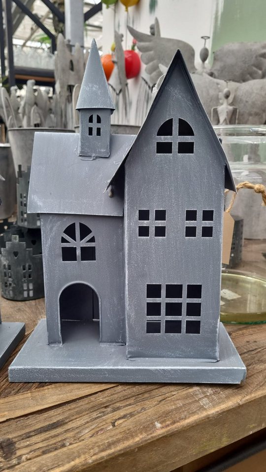 Posiwio GmbH & Co. Vertriebs KG Windlicht Posiwio Windlicht Haus Kirche Metall grau 30x12x22 cm Lichthaus (1 St) von Posiwio GmbH & Co. Vertriebs KG