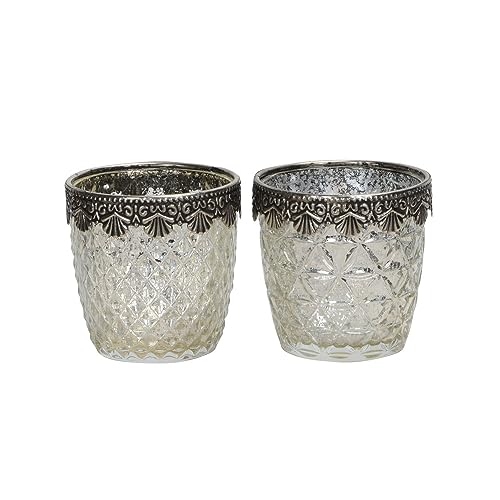 2tlg. Windlicht Madame Silber H7,5cm Glas Teelichthalter mit Metallrand (2 Motive) von Posiwio