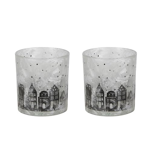 2tlg. Windlicht Winter Sky schwarz weiß aus gefrostetem Glas H8cm mit Häusern von Posiwio