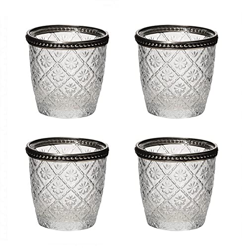4tlg. Windlicht BLÜTE klar aus Reliefglas mit Metallrand Teelichthalter floral von Posiwio