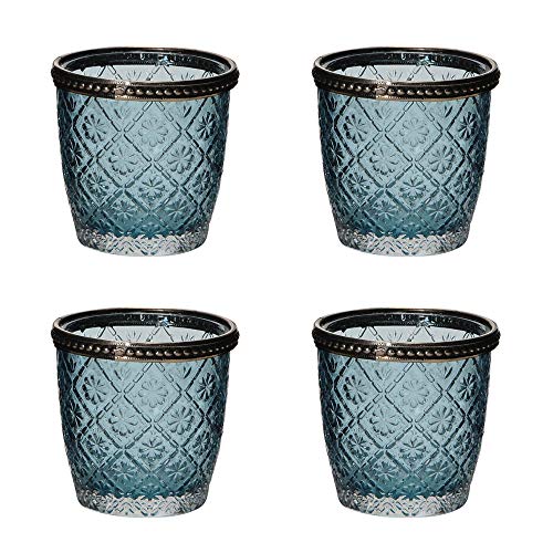 Posiwio 4tlg. Windlicht BLÜTE blau aus Reliefglas mit Metallrand Teelichthalter floral von Posiwio