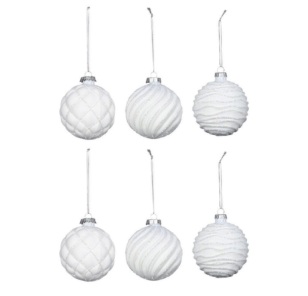 Posiwio Christbaumschmuck 6tlg. Weihnachtskugel SCHNEEGLITZER weiß aus Glas mit Glitter D8cm Bau von Posiwio