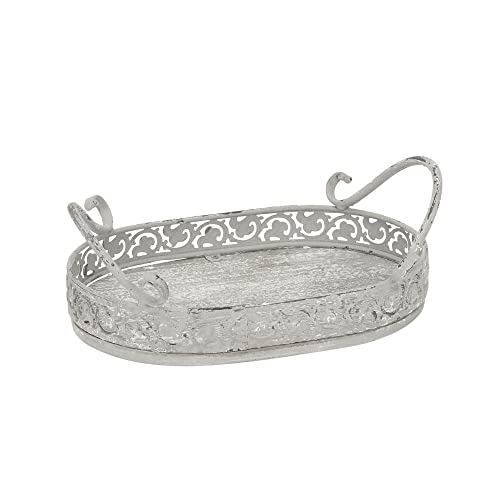 Posiwio Ovales Tablett ABBEY grau shabby chic aus Holz L22cm Dekotablett mit Metallrand von Posiwio