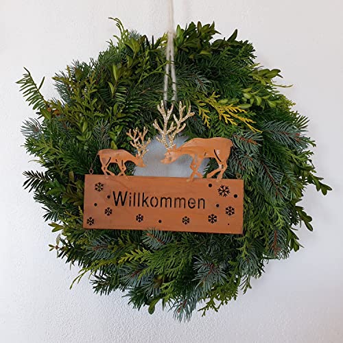 Posiwio Schild Willkommen mit Hirschen Rost Dekoschild Türschild Hirsch Spruchtafel Dekotafel Rentiere goldenes Geweih von Posiwio