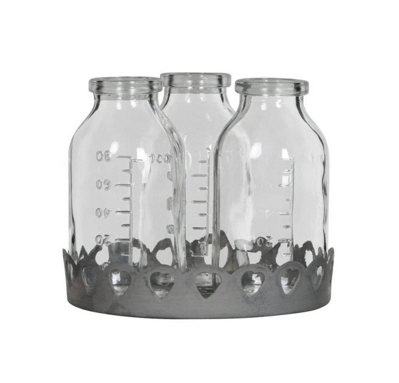 Posiwio Tischvase Rundes Vasentablett BLOOMING grau Metalltablett mit 3 Glasflaschen für von Posiwio
