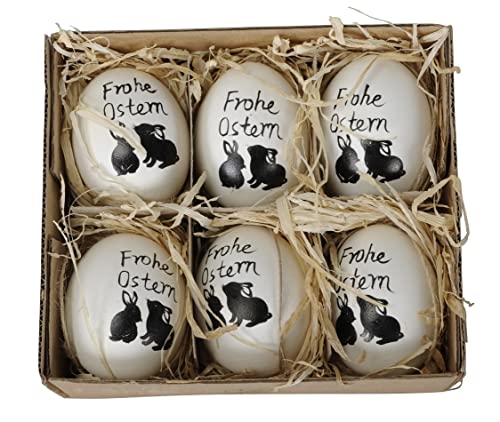 Posiwio ausgefallene Ostereier echte Hühnereier Motiv 2 Häschen und Schriftzug Frohe Ostern in schwarz Preis für Set a 6 Stück, ca. 4,5 x cm von Posiwio