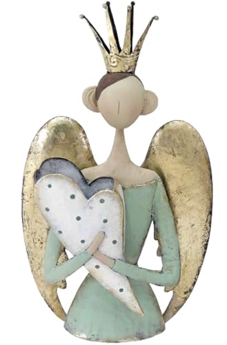 Posiwio ausgefallener nostalgischer Deko Engel als Büste mit Herzkorb Krone und großen Flügeln grün - Gold antike Shabby Optik ca. 30 x 15 x 54 cm von Posiwio