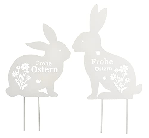 Posiwio dekorativer Deko-Stecker Garten-Stecker Pick 2 x putzige Hasen mit ausgelasertem Schriftzug und Blumenmotiv Metall weiß im 2-er Set von Posiwio