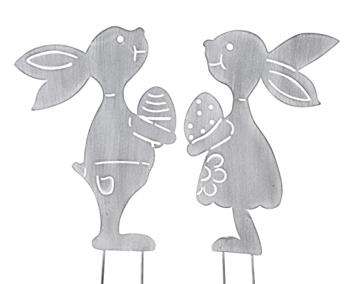 Posiwio dekorativer Deko-Stecker Garten-Stecker Pick Hasejunge und Hasenmädchen mit Ei Metall hellgrau weiß als 2-er Set von Posiwio