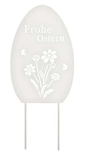 Posiwio dekorativer Deko-Stecker Garten-Stecker Pick Osterei mit ausgelasertem Schriftzug Frohe Ostern und Blumenmotiv Metall weiß von Posiwio