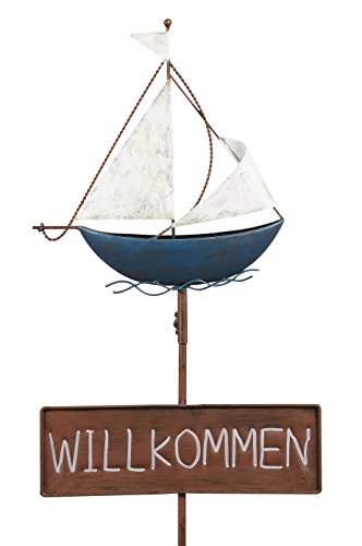 Posiwio dekorativer Garten-Stecker Deko-Stecker Schild Willkommen Segelboot Metall bemalt ausgefallen von Posiwio