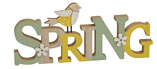 Posiwio dekorativer Schriftzug Spring Frühling mit Vogel und Punkten oder Blume aus Holz (beige gelb grün), ca. 28 x 2 x 13 hoch von Posiwio