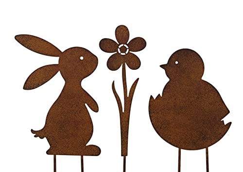 Posiwio dekorativer früghlingshafter Deko-Stecker Garten-Stecker 3-er Pick Hase Blume Küken Metall Rostoptik als 3-er Set (groß ca. 14/8/13 cm x 21/21,5/16,5 cm hoch), Braun von Posiwio
