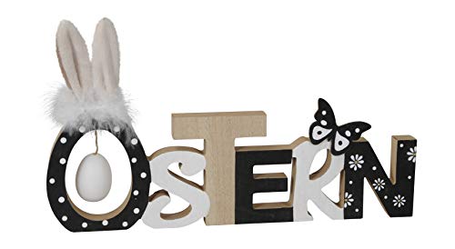 Posiwio dekorativer witziger Schriftzug Ostern mit Ei und plüschigen Hasenohren aus Holz Natur weiß schwarz bemalt ca. 35 x 3,5 x 20 cm hoch von Posiwio