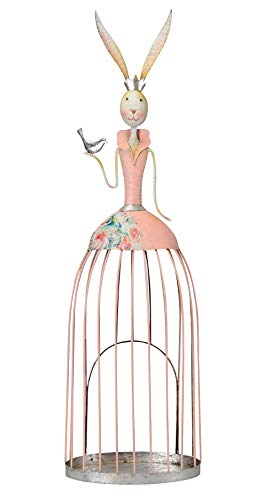 Posiwio große dekorative nostalgische Dekofigur Hasenprinzessin mit Vögelchen als Windlichtfigur Metall rosa von Posiwio