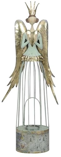 Posiwio großer nostalgischer Deko Engel als Windlichengel mit Herz Krone und großen Flügeln grün - Gold antike Shabby Optik ca. 86 cm hoch von Posiwio