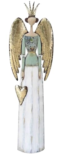 Posiwio großer nostalgischer Deko Engel mit Herz Krone und großen Flügeln weiß - grün - Gold antike Shabby Optik ca. 88 cm hoch von Posiwio
