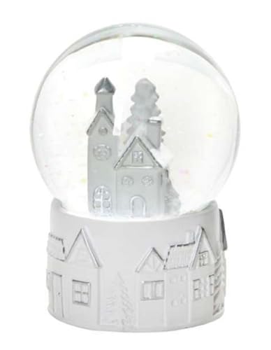dekorative nostalgische Schneekugel mit weiß - silbernen Häuschen und Glitzerschnee von Posiwio