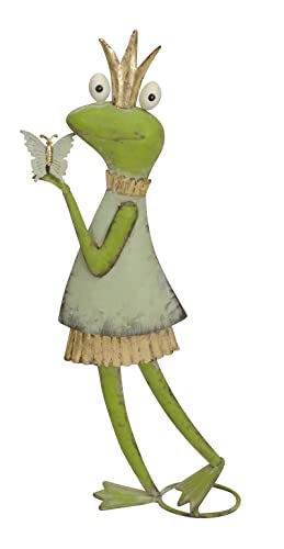 dekorative originelle Froschfigur mit Goldener Krone als Froschmann mit Luftballon oder Froschfrau mit Schmetterling Metall bemalt (grün Gold Froschfrau) von Posiwio