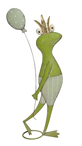 dekorative originelle Froschfigur mit Goldener Krone als Froschmann mit Luftballon oder Froschfrau mit Schmetterling Metall bemalt (grün Gold Froschmann) von Posiwio