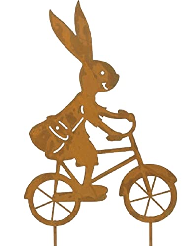dekorativer witziger Deko-Stecker Blumen-Stecker Pick Hase auf Fahrrad Metall Rostoptik von Posiwio