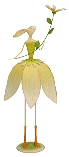 originelle dekorative Osterhasen-Dame aus Metall im Blütenkleid mit Blume aus Metall in gelb-grün oder rosa-weiß (Grün) von Posiwio