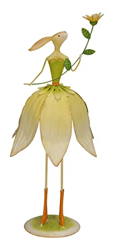 originelle dekorative Osterhasen-Dame aus Metall im Blütenkleid mit Blume aus Metall in gelb-grün oder rosa-weiß (gelb) von Posiwio