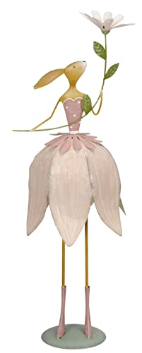 originelle dekorative Osterhasen-Dame aus Metall im Blütenkleid mit Blume aus Metall in gelb-grün oder rosa-weiß (rosa) von Posiwio