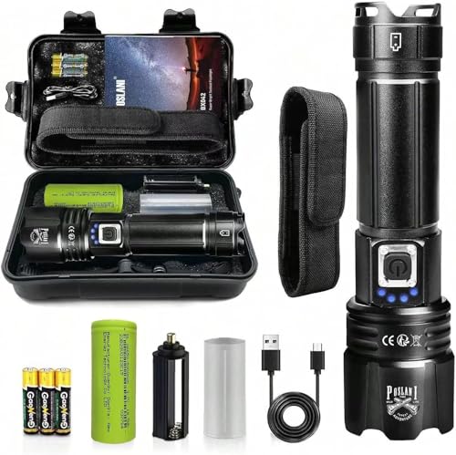 Taschenlampe, XHP70.2 superhelle Taschenlampe mit 600000 Lumen, wasserdicht nach IPX67, wiederaufladbare C-Type-Zoom-Taschenlampe mit 5 Leuchtvarianten (mit 1 x 5000 mAh Akku und 3 x AAA-Batterien) von Poslani