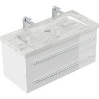 Badmöbel Marmor Carrara White YAMO 100 cm 2 Hahnlöcher SoftClose weiß hochglanz von Posseik
