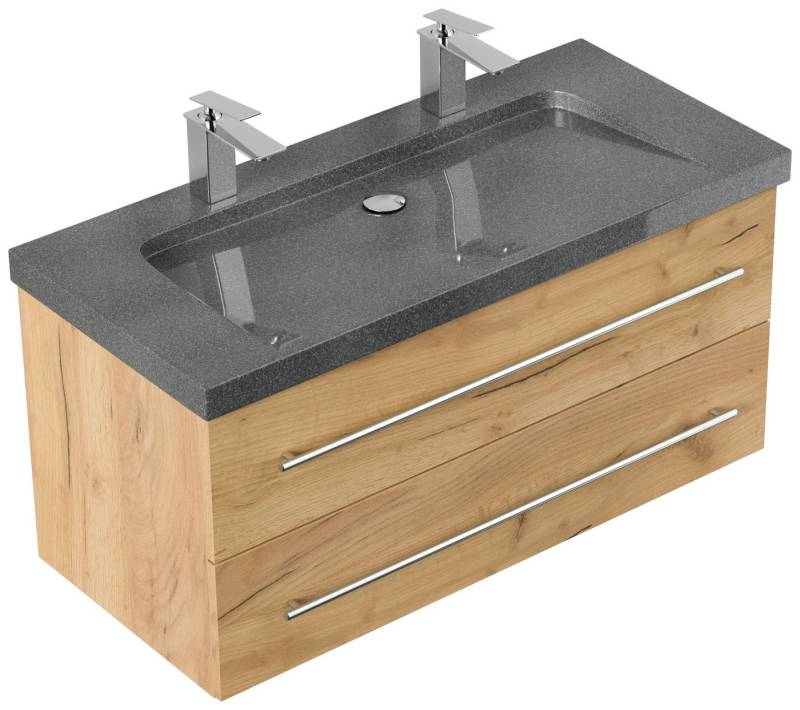 Posseik Badmöbel-Set Badmöbel Waschplatz Granit G654 "YAMO 100" 2 Hahnlöcher Eiche Gold von Posseik
