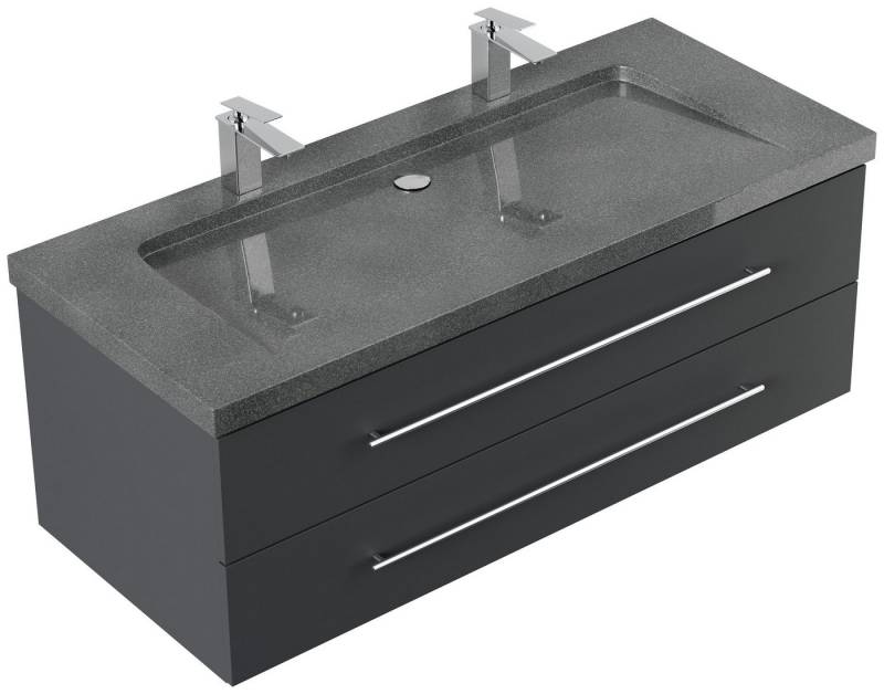 Posseik Badmöbel-Set Badmöbel Waschplatz Granit G654 "YAMO 130" 2 Hahnlöcher grafit von Posseik