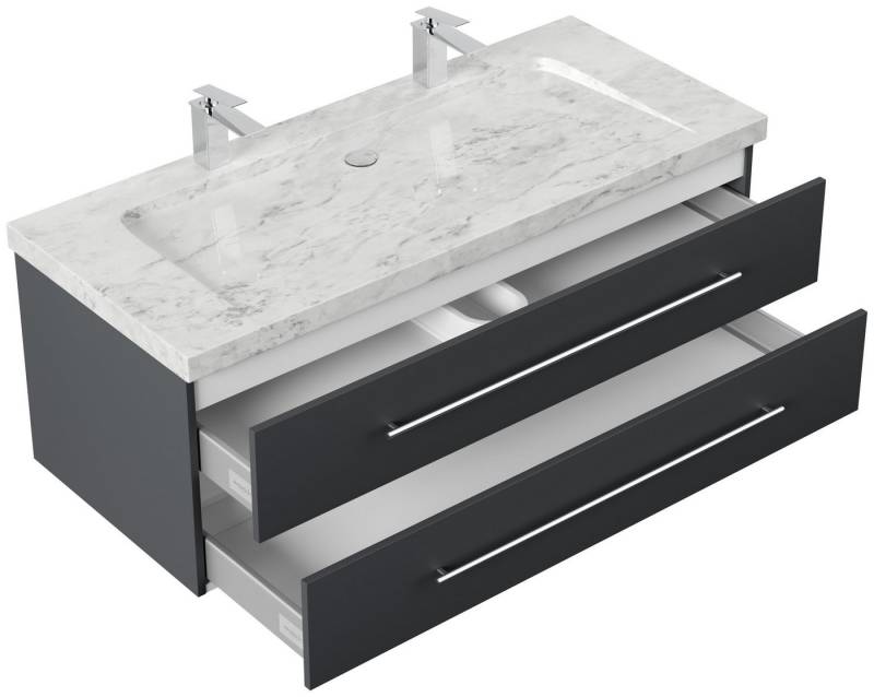 Posseik Badmöbel-Set Badmöbel Waschplatz Marmor Carrara White "YAMO130" 2Hahnlöcher grafit von Posseik