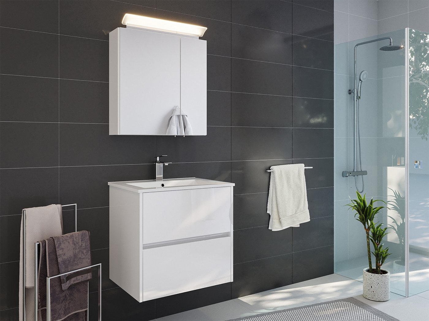 Posseik Badmöbel-Set Badmöbelset 2-teilig "Limes 60" Weiß Hochglanz von Posseik