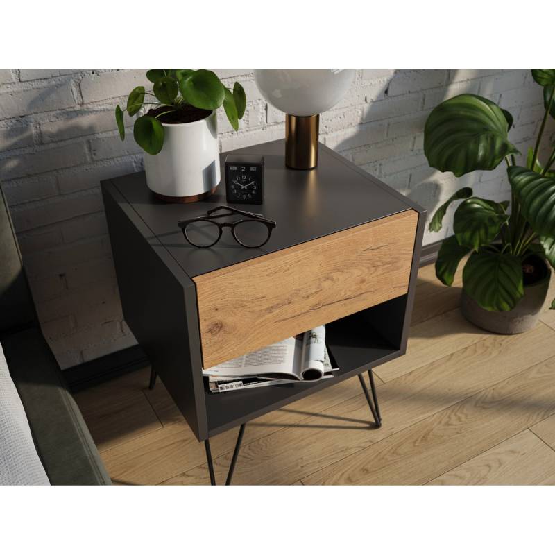 Posseik Nachttisch-Set Industrial B Stehend 40 cm Grafit Eiche Front 2-teilig von Posseik