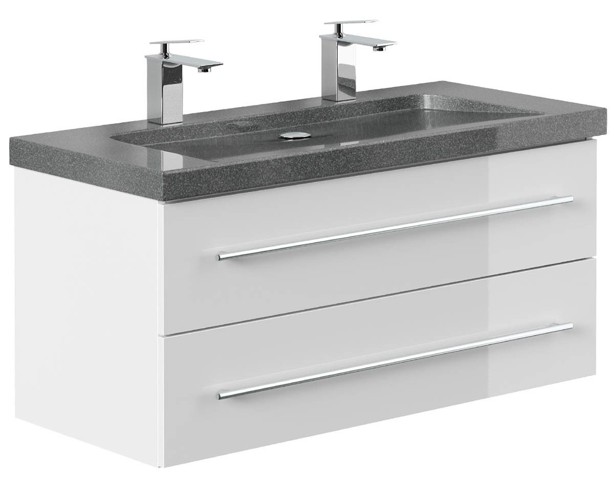 Posseik Waschtisch-Set Bad Doppel-Waschtisch NATURE 100cm, Granit-Becken, weiß hochglanz, (Badmöbel Set, 1-St., Waschtisch Set) von Posseik