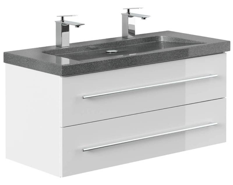 Posseik Waschtisch-Set Bad Doppel-Waschtisch NATURE 100cm, Granit-Becken, weiß hochglanz, (Badmöbel Set, 1-St., Waschtisch Set) von Posseik