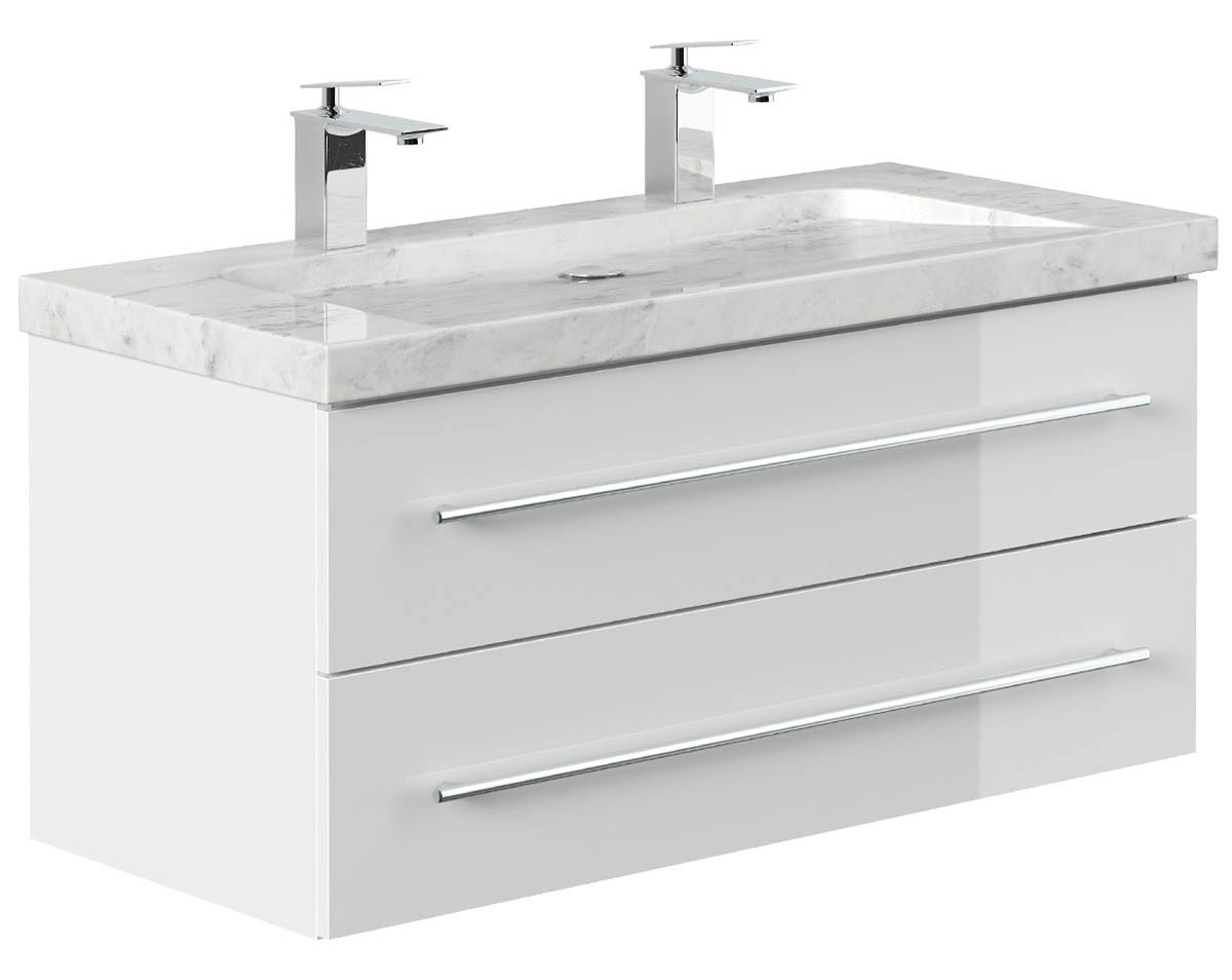 Posseik Waschtisch-Set Bad Doppel-Waschtisch NATURE 100cm, Marmor-Becken, weiß hochglanz, (Badmöbel Set, 1-St., Waschtisch Set) von Posseik