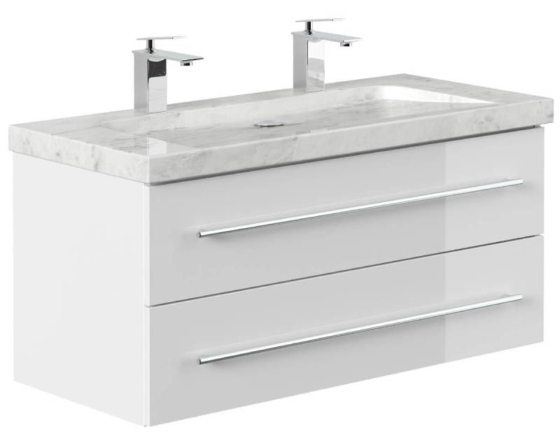 Posseik Waschtisch-Set Bad Doppel-Waschtisch NATURE 100cm, Marmor-Becken, weiß hochglanz, (Badmöbel Set, 1-St., Waschtisch Set) von Posseik