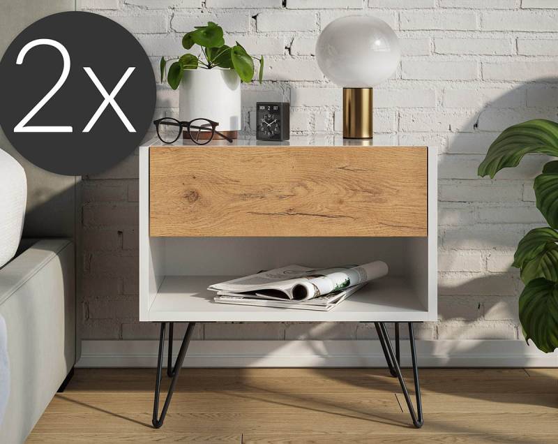 Posseik Waschtisch-Set Nachttisch FAVIER 50 x 50cm, 1 Schublade SET, weiß-eiche, (Sideboard, 1-St., Sideboard) von Posseik