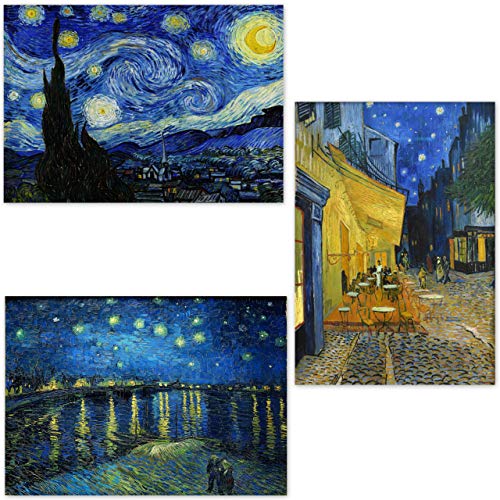 Poster Vincent Van Gogh "Cafe Terrasse bei Nacht & Sternennacht & Sternennacht über der Rhone", 41 x 54 cm (A2), Druck auf einem dicken Blatt Papier, Gemälde, Wandkunst von Art Poster Gallery