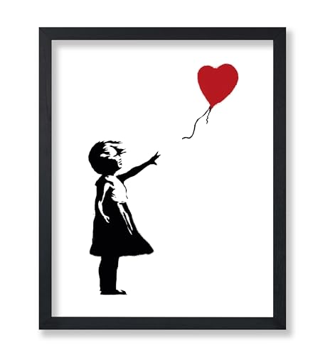 Poster Master Vintage Kinder-Poster – Retro-minimalistischer Druck – 20,3 x 25,4 cm, ungerahmt, Wandkunst – Geschenk für Künstler, Freund – Mädchen mit Ballon, rote Herzform fliegen, einfach – von Poster Master