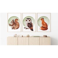 Kinderzimmer Poster Im 3Er Set | Waldtiere Din A4 Eule Fuchs Eichhörnchen Aquarell von PosterHero