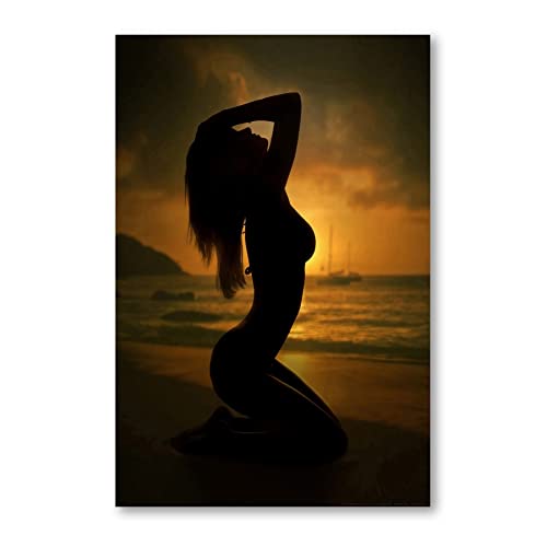 Postereck - 0062 - Strand, Frau Sonnenuntergang Urlaub Sommer Meer - Erotisch Sexy Nackt Wandposter Fotoposter Bilder Wandbild Wandbilder - Leinwand - 100,0 cm x 75,0 cm von Postereck