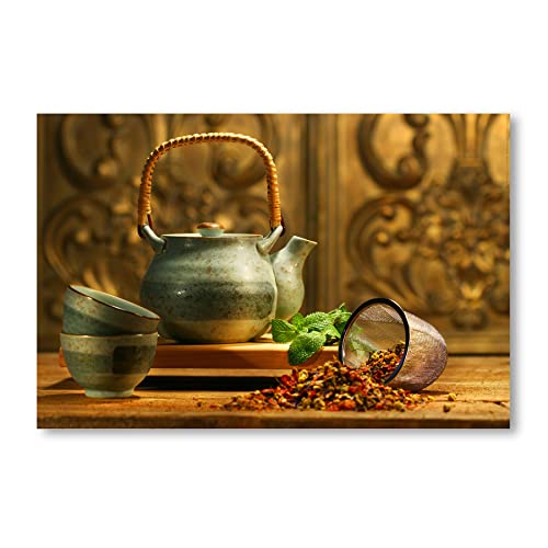 Postereck - 0111 - Teekanne, Retro Vintage Küche Minze Tee Tasse - Wandposter Fotoposter Bilder Wandbild Wandbilder - Leinwand - 60,0 cm x 40,0 cm von Postereck